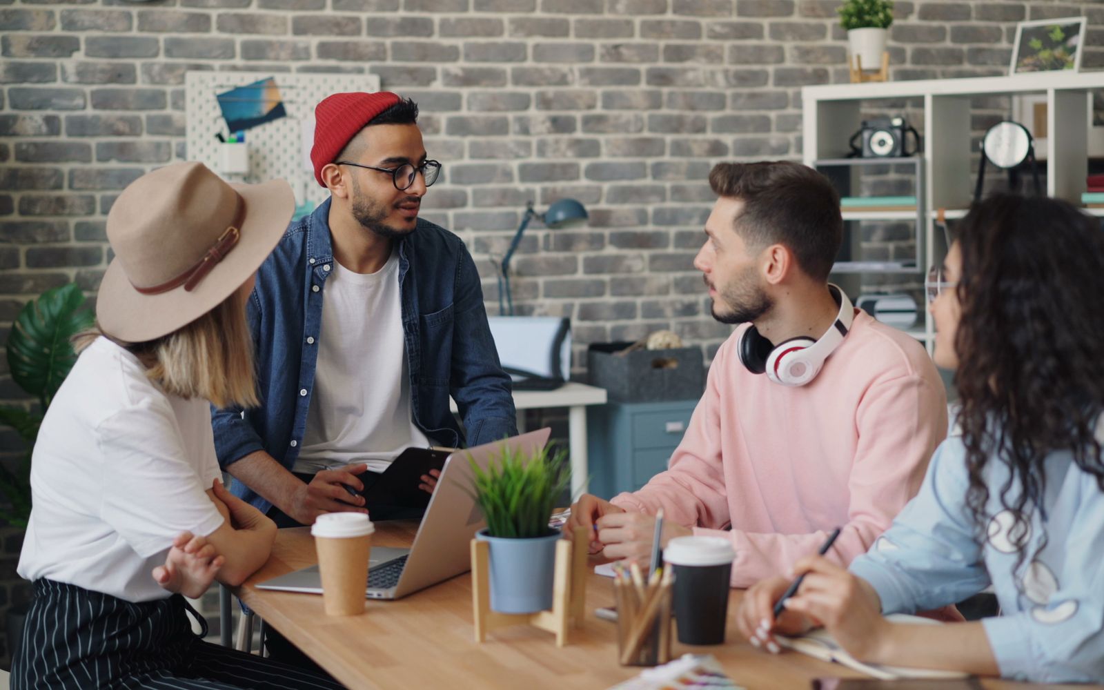 Team discussing a project in a modern office